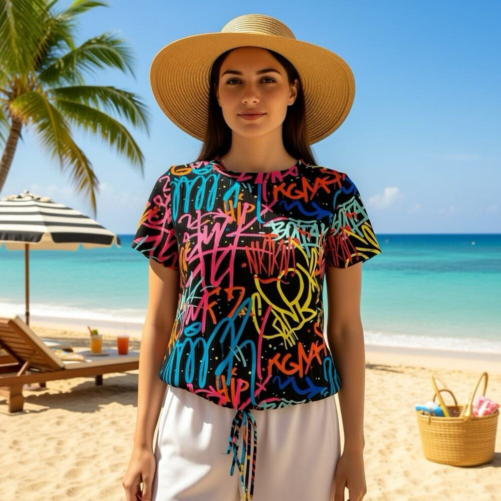 LoveJ BrightNeon Multicolor Graphic TShirt Women Junior M Sreetwear Beach Summer